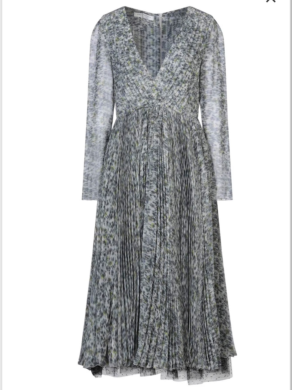 Philosophy di Lorenzo Serafini Grey/Blue and White Long-Sleeve Pleated Midi Dres